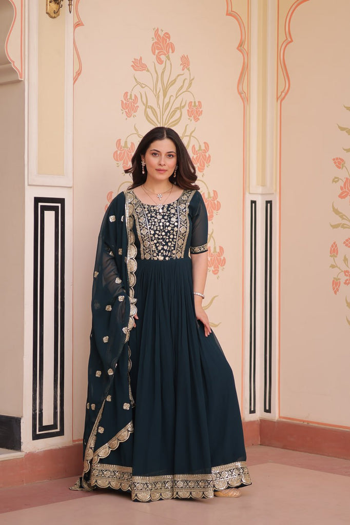Rama Elegant Faux Blooming Embroidered Gown Set with Designer Dupatta ClothsVilla