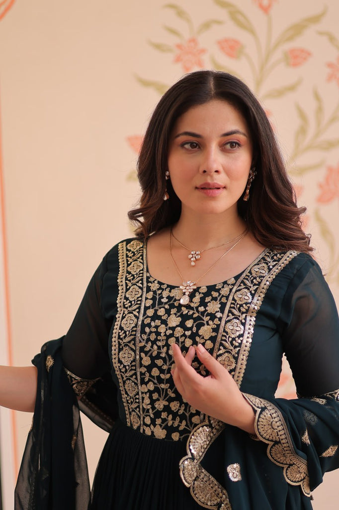 Rama Elegant Faux Blooming Embroidered Gown Set with Designer Dupatta ClothsVilla