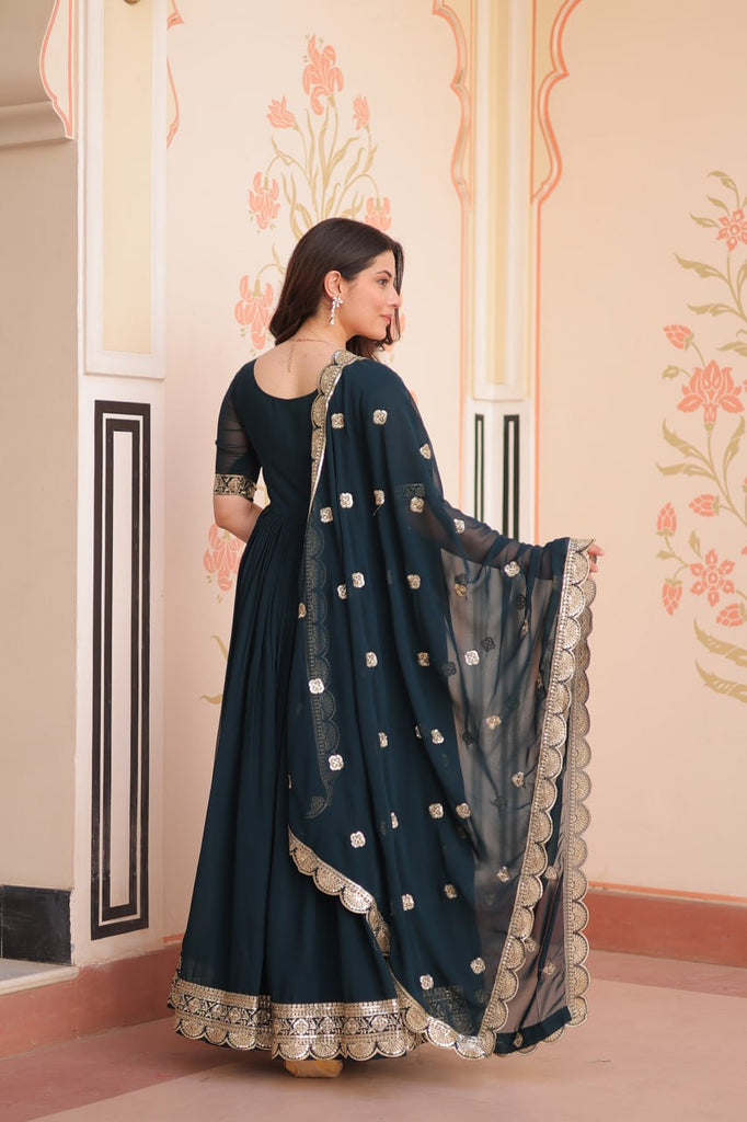 Rama Elegant Faux Blooming Embroidered Gown Set with Designer Dupatta ClothsVilla
