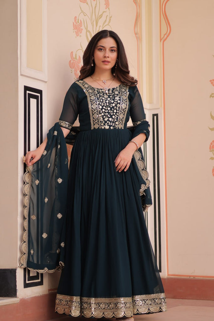 Rama Elegant Faux Blooming Embroidered Gown Set with Designer Dupatta ClothsVilla