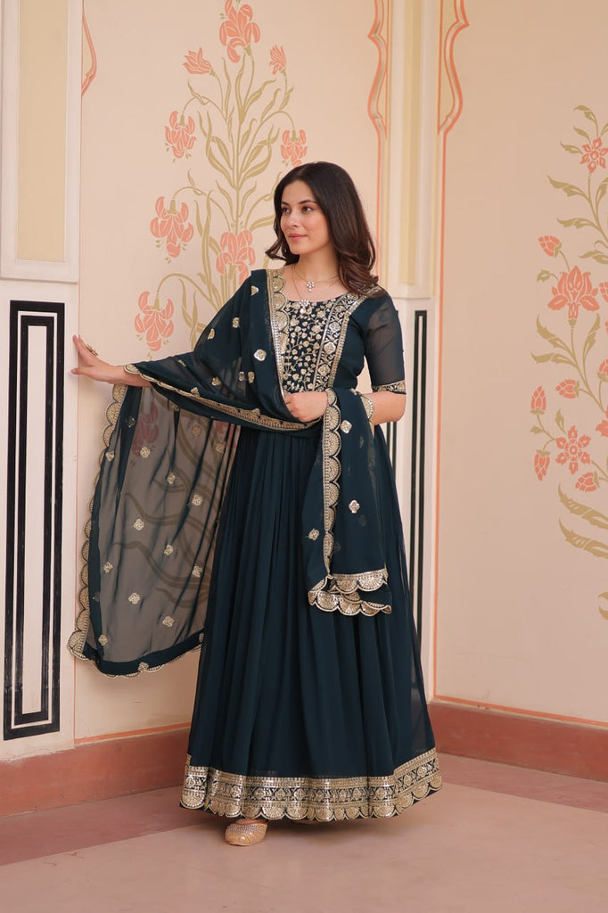 Rama Elegant Faux Blooming Embroidered Gown Set with Designer Dupatta ClothsVilla