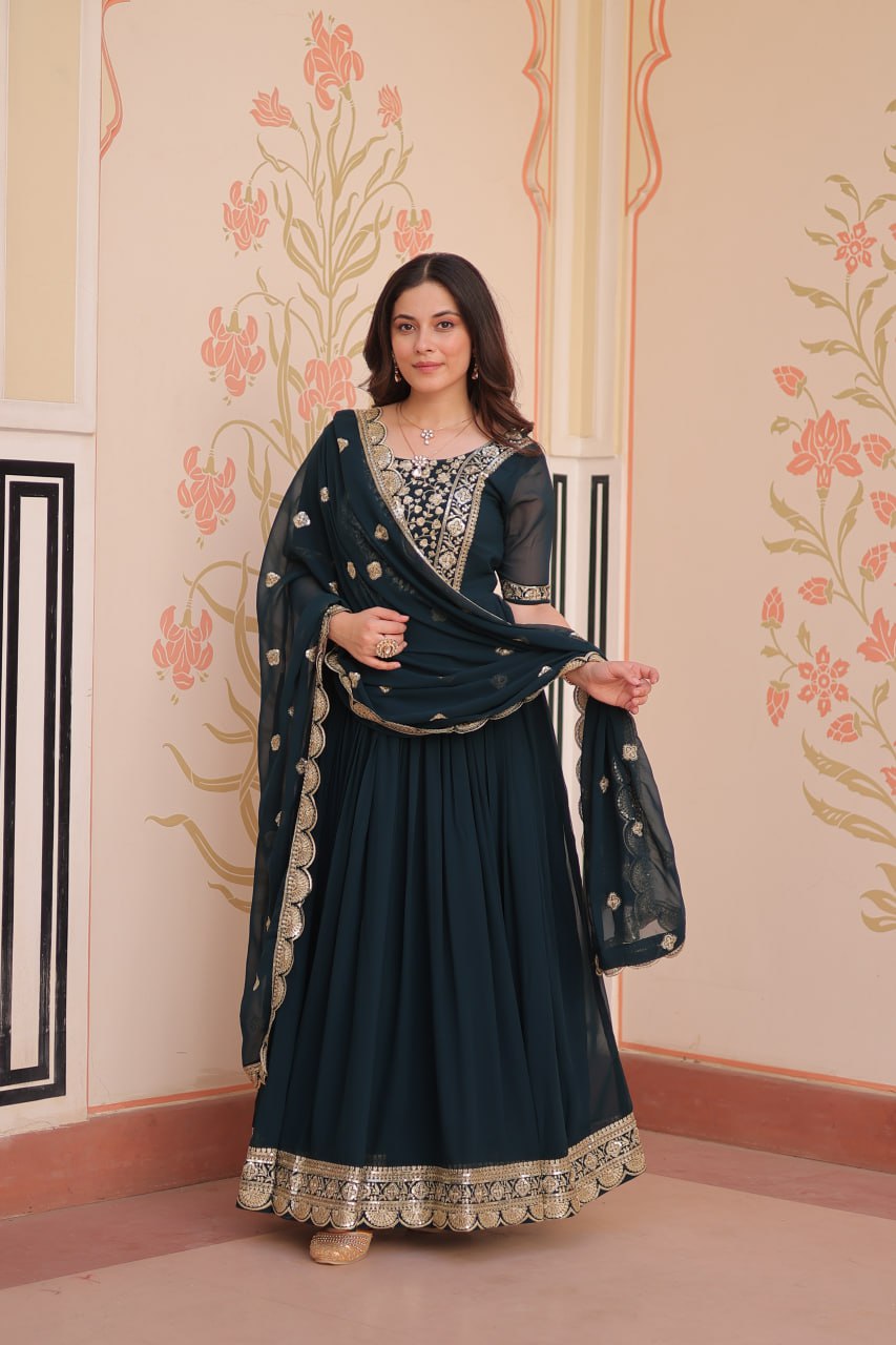 Rama Elegant Faux Blooming Embroidered Gown Set with Designer Dupatta ClothsVilla