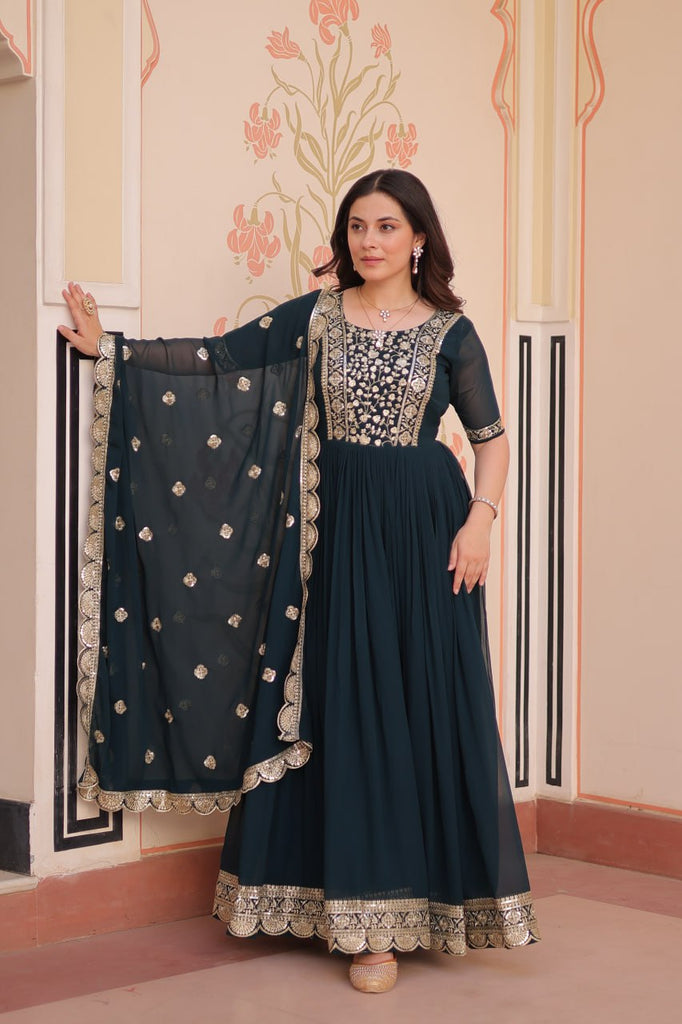 Rama Elegant Faux Blooming Embroidered Gown Set with Designer Dupatta ClothsVilla