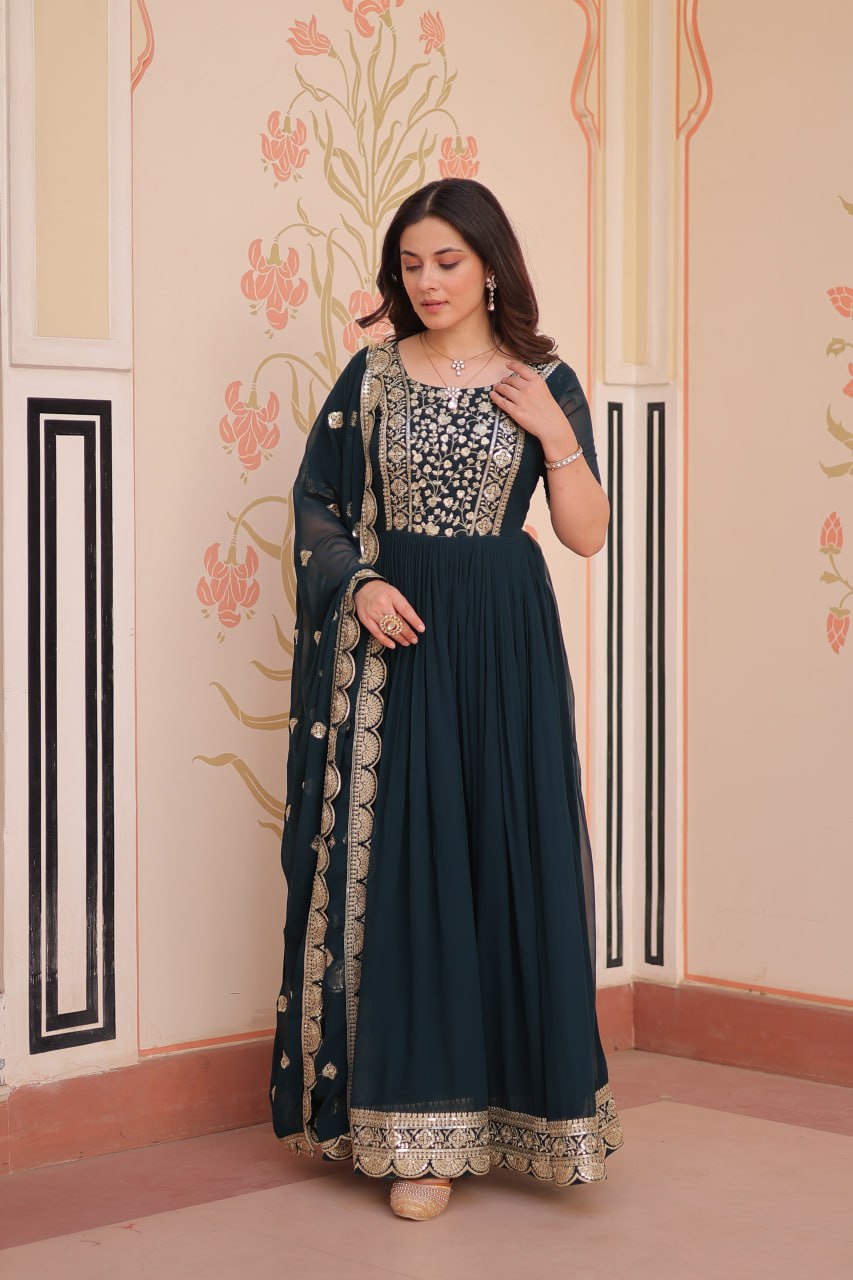 Rama Elegant Faux Blooming Embroidered Gown Set with Designer Dupatta ClothsVilla