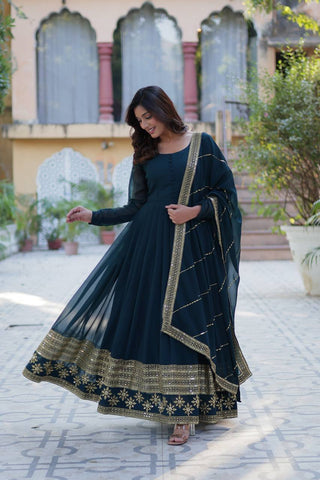Rama Elegant Faux Blooming Embroidered Gown with Dupatta