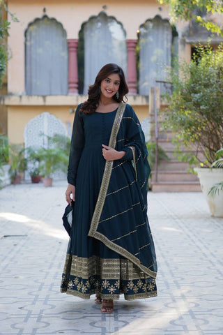 Rama Elegant Faux Blooming Embroidered Gown with Dupatta