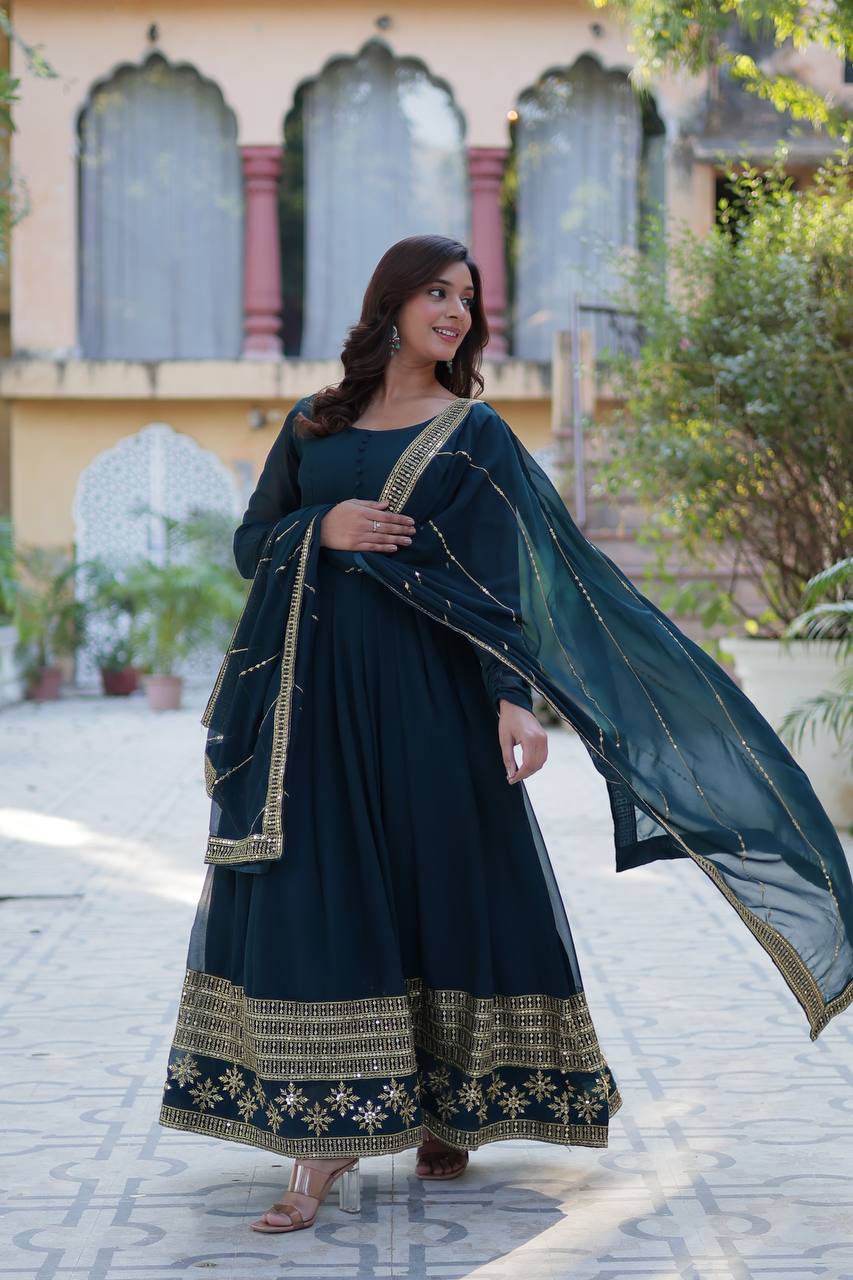 Rama Elegant Faux Blooming Embroidered Gown with Dupatta