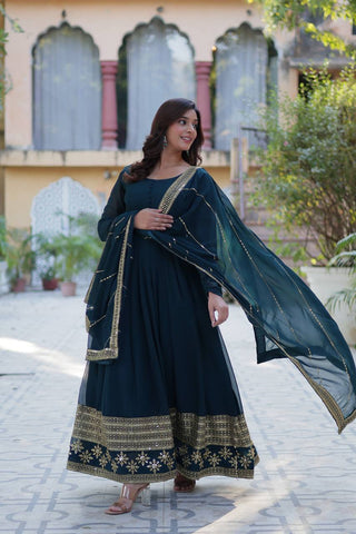 Rama Elegant Faux Blooming Embroidered Gown with Dupatta