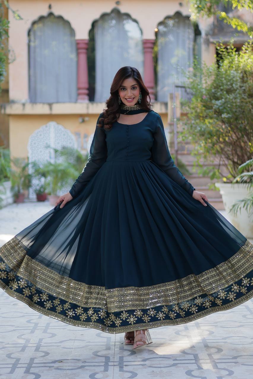Rama Elegant Faux Blooming Embroidered Gown with Dupatta
