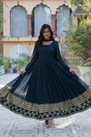 Rama Elegant Faux Blooming Embroidered Gown with Dupatta