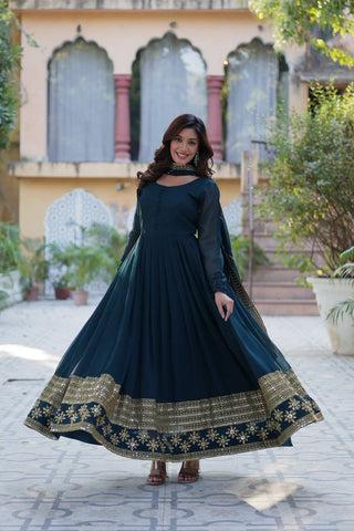 Rama Elegant Faux Blooming Embroidered Gown with Dupatta