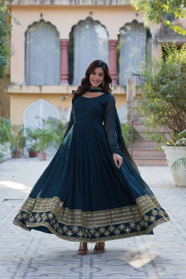 Rama Elegant Faux Blooming Embroidered Gown with Dupatta