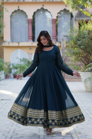 Rama Elegant Faux Blooming Embroidered Gown with Dupatta