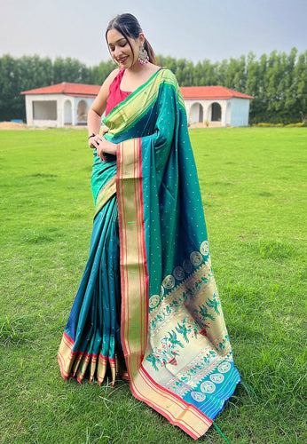Rama Elegant Paithani Silk Saree with Jacquard Weaving ClothsVilla