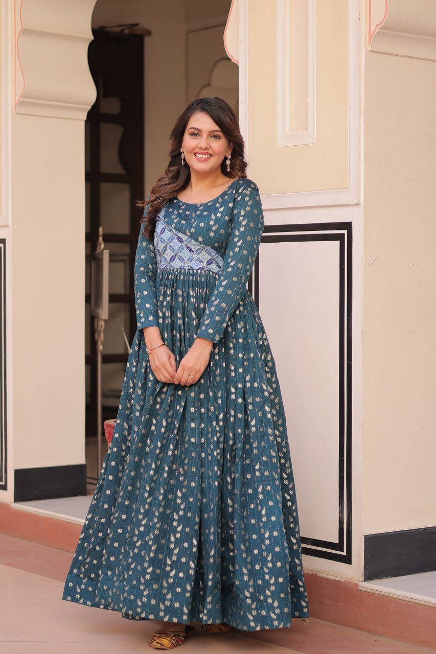 Rama Elegant Staple Jacquard Weaving Gown with Position Print Choli Clothsvilla