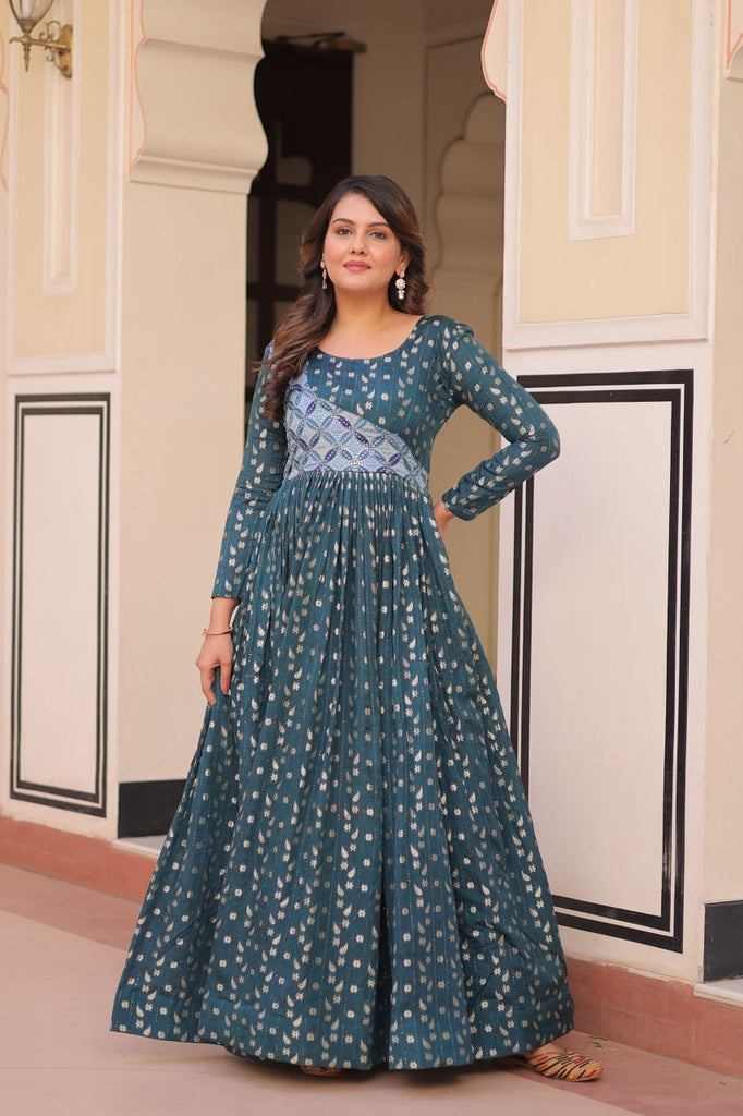 Rama Elegant Staple Jacquard Weaving Gown with Position Print Choli Clothsvilla