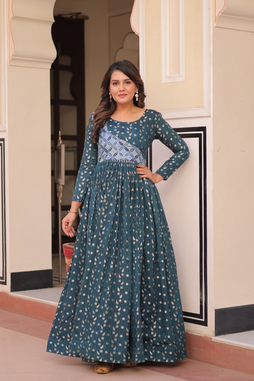 Rama Elegant Staple Jacquard Weaving Gown with Position Print Choli Clothsvilla