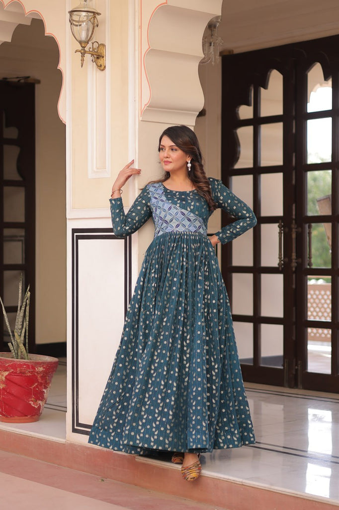 Rama Elegant Staple Jacquard Weaving Gown with Position Print Choli Clothsvilla