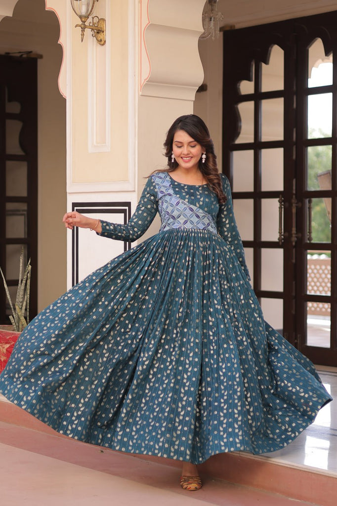 Rama Elegant Staple Jacquard Weaving Gown with Position Print Choli Clothsvilla