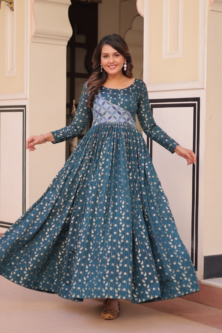 Rama Elegant Staple Jacquard Weaving Gown with Position Print Choli Clothsvilla