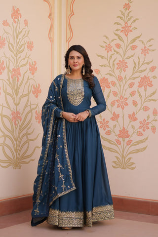 Rama Elegant Star Georgette Gown with Zari & Sequins Embroidery and Designer Dupatta ClothsVilla
