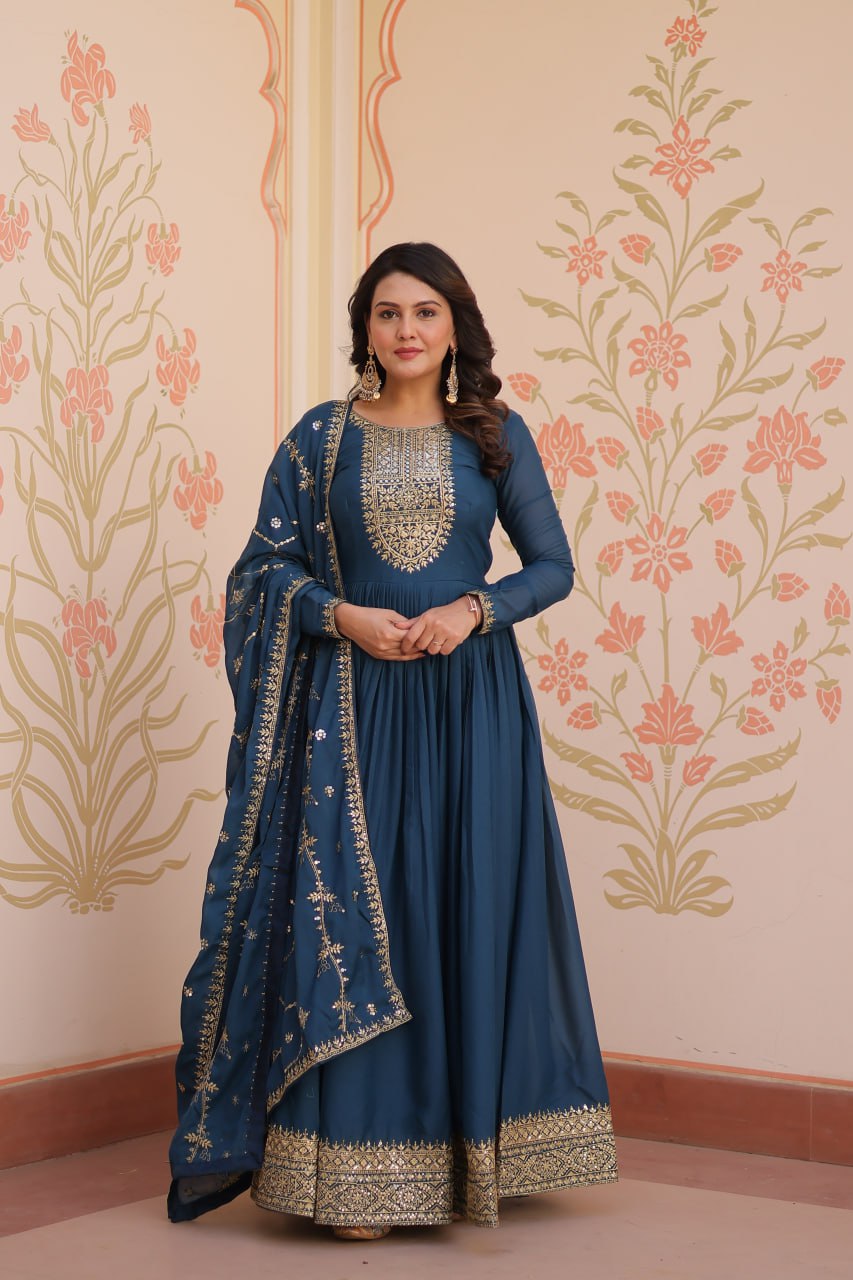 Rama Elegant Star Georgette Gown with Zari & Sequins Embroidery and Designer Dupatta ClothsVilla