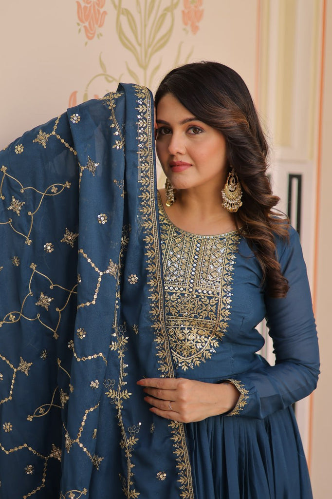 Rama Elegant Star Georgette Gown with Zari & Sequins Embroidery and Designer Dupatta ClothsVilla