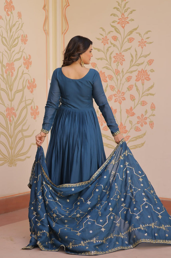 Rama Elegant Star Georgette Gown with Zari & Sequins Embroidery and Designer Dupatta ClothsVilla