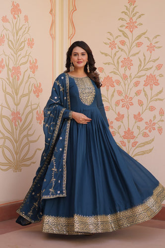 Rama Elegant Star Georgette Gown with Zari & Sequins Embroidery and Designer Dupatta ClothsVilla