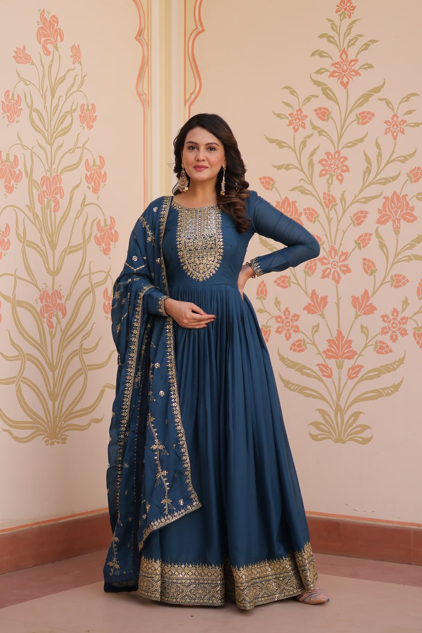 Rama Elegant Star Georgette Gown with Zari & Sequins Embroidery and Designer Dupatta ClothsVilla