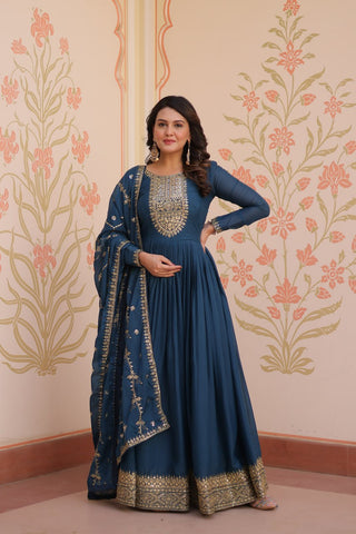 Rama Elegant Star Georgette Gown with Zari & Sequins Embroidery and Designer Dupatta ClothsVilla