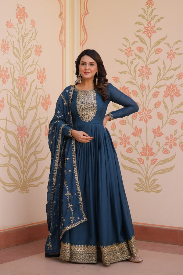 Rama Elegant Star Georgette Gown with Zari & Sequins Embroidery and Designer Dupatta ClothsVilla