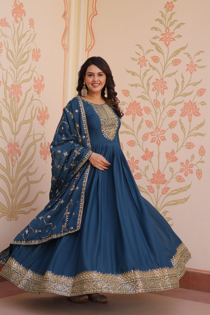 Rama Elegant Star Georgette Gown with Zari & Sequins Embroidery and Designer Dupatta ClothsVilla