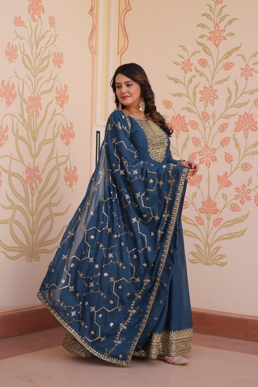 Rama Elegant Star Georgette Gown with Zari & Sequins Embroidery and Designer Dupatta ClothsVilla