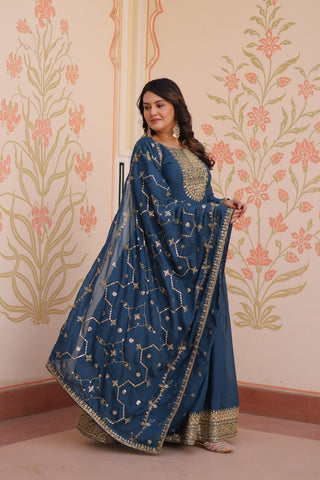 Rama Elegant Star Georgette Gown with Zari & Sequins Embroidery and Designer Dupatta ClothsVilla
