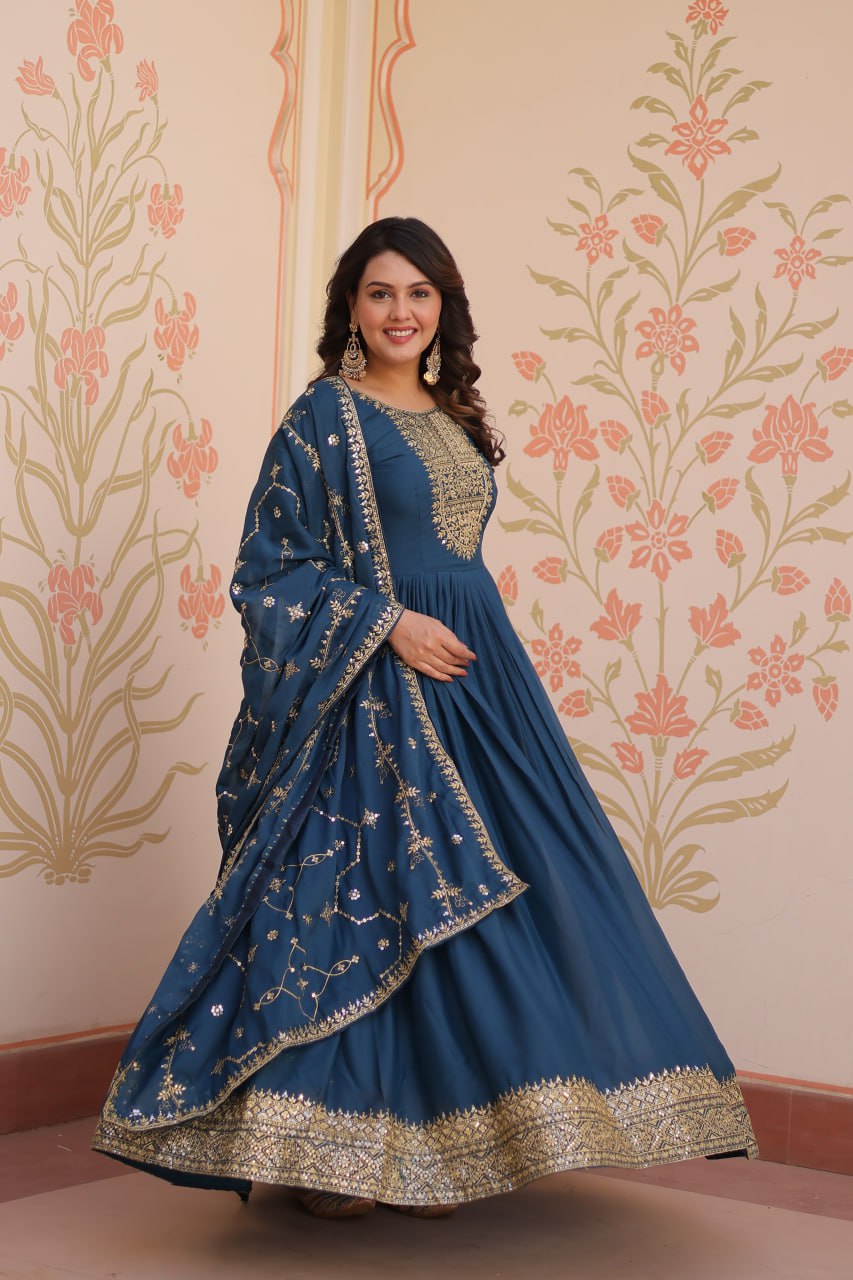 Rama Elegant Star Georgette Gown with Zari & Sequins Embroidery and Designer Dupatta ClothsVilla