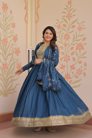 Rama Elegant Star Georgette Gown with Zari & Sequins Embroidery and Designer Dupatta ClothsVilla