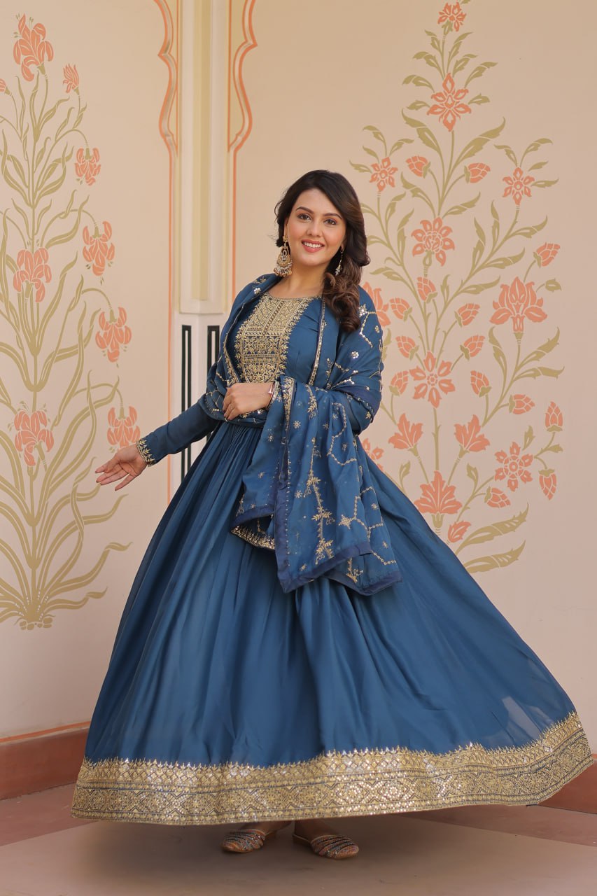 Rama Elegant Star Georgette Gown with Zari & Sequins Embroidery and Designer Dupatta ClothsVilla