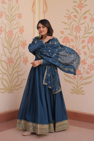 Rama Elegant Star Georgette Gown with Zari & Sequins Embroidery and Designer Dupatta ClothsVilla