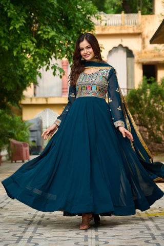 Rama Embroidered Faux Blooming Anarkali Gown Set with Sequin & Multi-Thread Work  V-Neck Full Sleeves  Dupatta Included ClothsVilla