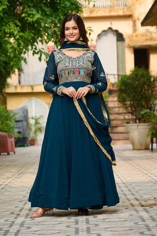Rama Embroidered Faux Blooming Anarkali Gown Set with Sequin & Multi-Thread Work  V-Neck Full Sleeves  Dupatta Included ClothsVilla