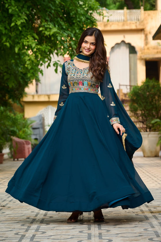 Rama Embroidered Faux Blooming Anarkali Gown Set with Sequin & Multi-Thread Work  V-Neck Full Sleeves  Dupatta Included ClothsVilla