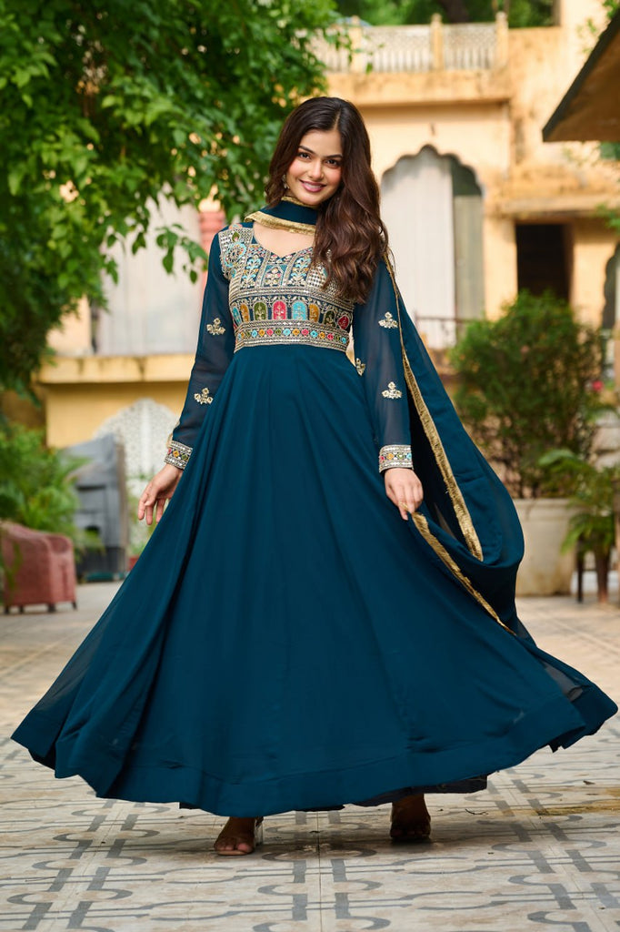 Rama Embroidered Faux Blooming Anarkali Gown Set with Sequin & Multi-Thread Work  V-Neck Full Sleeves  Dupatta Included ClothsVilla