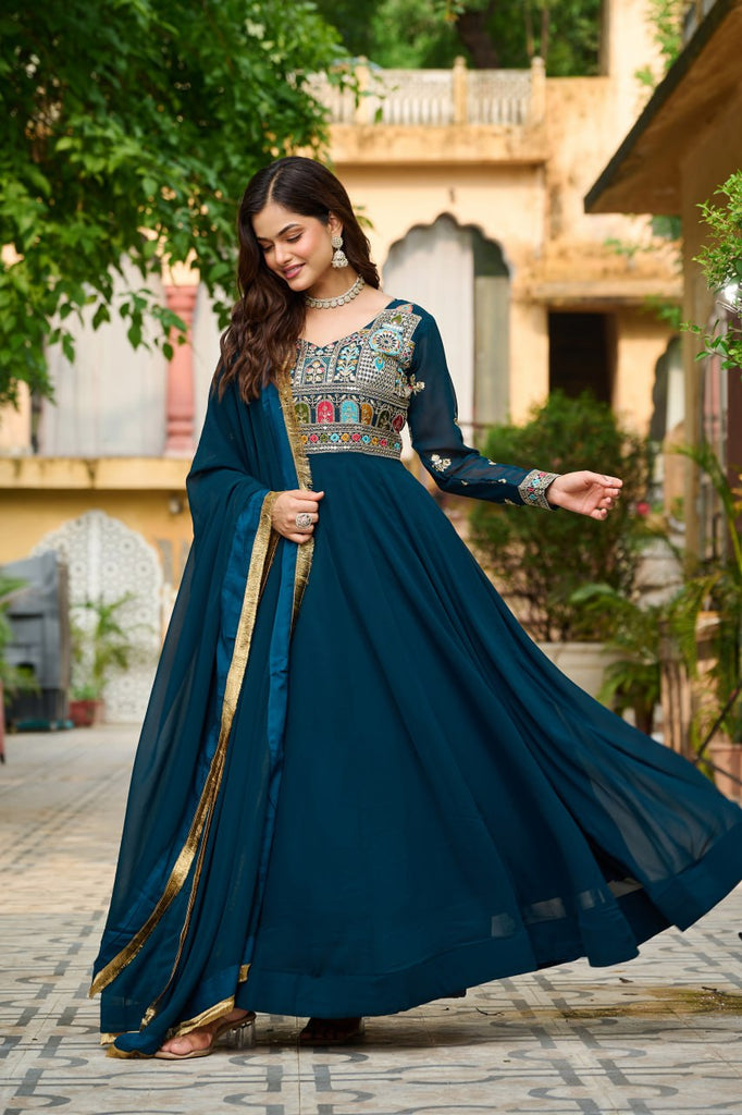 Rama Embroidered Faux Blooming Anarkali Gown Set with Sequin & Multi-Thread Work  V-Neck Full Sleeves  Dupatta Included ClothsVilla