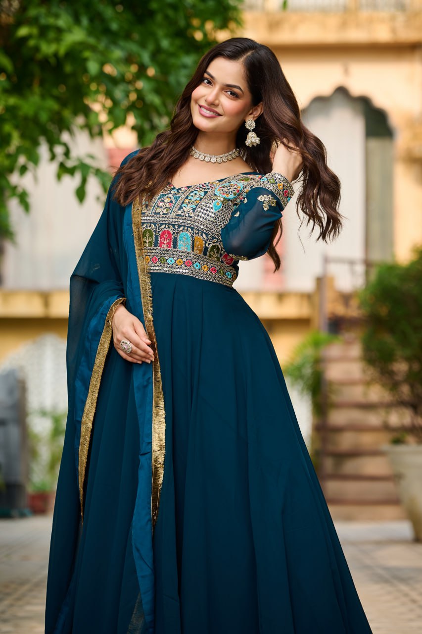 Rama Embroidered Faux Blooming Anarkali Gown Set with Sequin & Multi-Thread Work  V-Neck Full Sleeves  Dupatta Included ClothsVilla