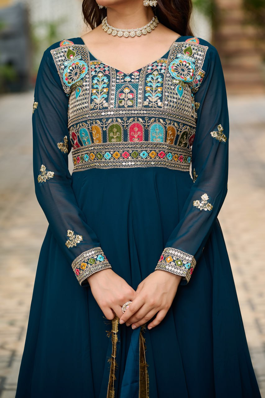Rama Embroidered Faux Blooming Anarkali Gown Set with Sequin & Multi-Thread Work  V-Neck Full Sleeves  Dupatta Included ClothsVilla