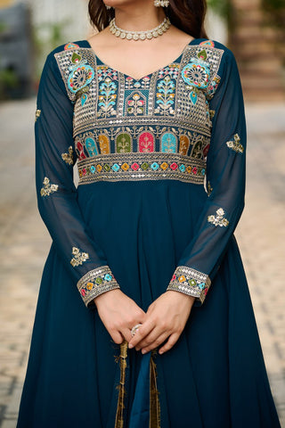 Rama Embroidered Faux Blooming Anarkali Gown Set with Sequin & Multi-Thread Work  V-Neck Full Sleeves  Dupatta Included ClothsVilla