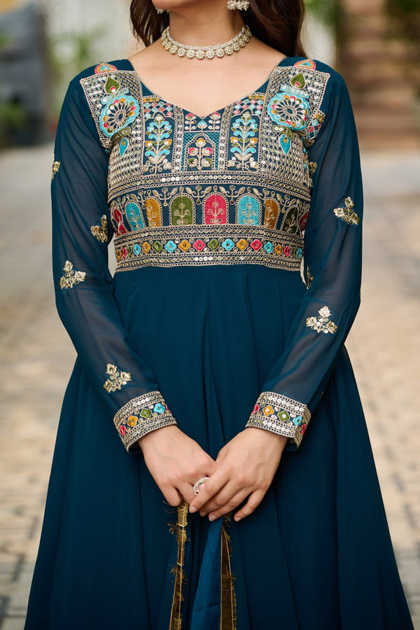 Rama Embroidered Faux Blooming Anarkali Gown Set with Sequin & Multi-Thread Work  V-Neck Full Sleeves  Dupatta Included ClothsVilla