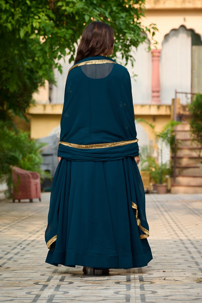 Rama Embroidered Faux Blooming Anarkali Gown Set with Sequin & Multi-Thread Work  V-Neck Full Sleeves  Dupatta Included ClothsVilla