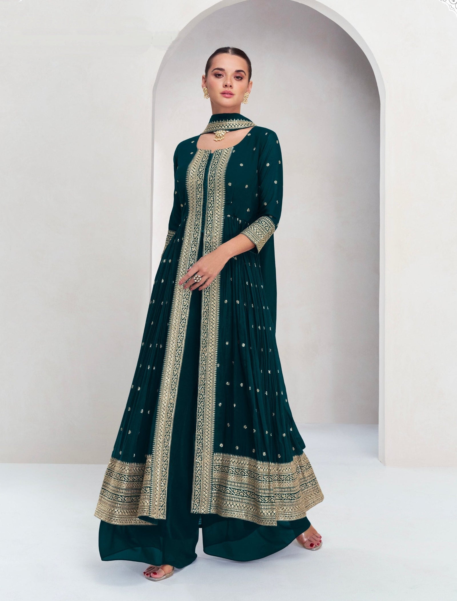 Rama Embroidered Georgette Kurta Palazzo Set with Embroidered Dupatta – Premium Stitched Outfit ClothsVilla